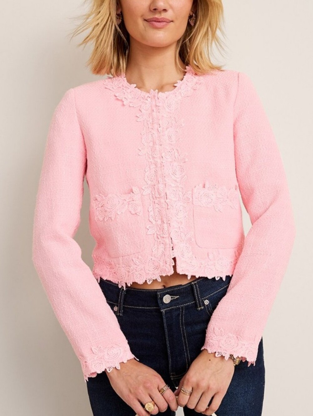 Francesca's Pink Tweed Lace-Trim Cropped Jacket
